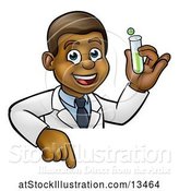 Vector Illustration of Cartoon Friendly Black Male Scientist Holding a Test Tube over a Sign by AtStockIllustration