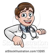 Vector Illustration of Cartoon Friendly Brunette White Male Doctor Pointing down over a Sign by AtStockIllustration