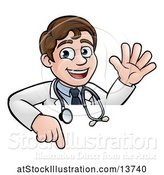 Vector Illustration of Cartoon Friendly Brunette White Male Doctor Waving over a Sign by AtStockIllustration