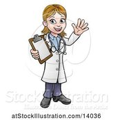 Vector Illustration of Cartoon Friendly White Female Doctor Waving and Holding a Clipboard by AtStockIllustration