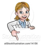 Vector Illustration of Cartoon Friendly White Female Scientist Pointing down over a Sign by AtStockIllustration