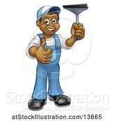 Vector Illustration of Cartoon Full Length Black Male Window Cleaner in Blue, Giving a Thumb up and Holding a Squeegee by AtStockIllustration