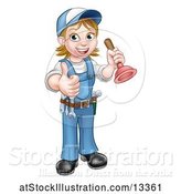 Vector Illustration of Cartoon Full Length Female Plumber Giving a Thumb up and Holding a Plunger by AtStockIllustration