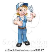 Vector Illustration of Cartoon Full Length Happy White Female Gardener Holding a Garden Fork and Thumb up by AtStockIllustration