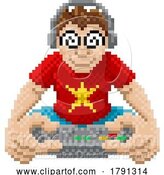 Vector Illustration of Cartoon Gamer Playing Video Game Console Pixel Art Cartoon by AtStockIllustration
