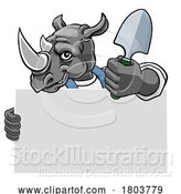 Vector Illustration of Cartoon Gardener Rhino Handyman Tool Mascot by AtStockIllustration