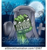 Vector Illustration of Cartoon Green Zombie Hand Holding a Horror Film Night Clapperboard in Front of a Tombstone by AtStockIllustration