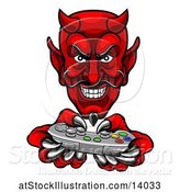 Vector Illustration of Cartoon Grinning Evil Red Devil Playing with a Video Game Controller by AtStockIllustration