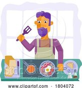 Vector Illustration of Cartoon Guy Cooking Food Fried English Breakfast Kitchen by AtStockIllustration