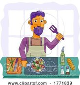 Vector Illustration of Cartoon Guy Cooking Vegetable Curry Chinese Food Kitchen by AtStockIllustration