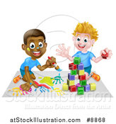 Vector Illustration of Cartoon Happy White and Black Boys Painting and Playing with Blocks by AtStockIllustration