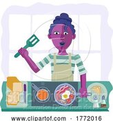 Vector Illustration of Cartoon Lady Cooking Food Fried English Breakfast Kitchen by AtStockIllustration