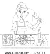 Vector Illustration of Cartoon Lady Cooking Vegetable Curry Chinese Food Kitchen by AtStockIllustration