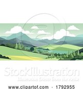 Vector Illustration of Cartoon Landscape Background Hills Mountains Fields Trees by AtStockIllustration