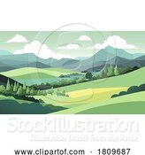 Vector Illustration of Cartoon Landscape Background Hills Mountains Fields Trees by AtStockIllustration