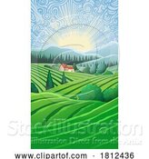 Vector Illustration of Cartoon Landscape Background Hills Mountains Fields Trees by AtStockIllustration