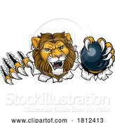 Vector Illustration of Cartoon Lion Bowling Ball Animal Sports Team Mascot by AtStockIllustration