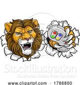 Vector Illustration of Cartoon Lion Gamer Video Game Animal Sports Team Mascot by AtStockIllustration