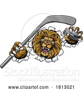 Vector Illustration of Cartoon Lion Ice Hockey Player Sports Mascot by AtStockIllustration