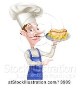 Vector Illustration of Cartoon Male Waiter Holding a Hot Dog and Fries on a Tray and Pointing by AtStockIllustration