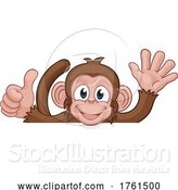 Vector Illustration of Cartoon Monkey Animal Behind Sign Thumbs up Waving by AtStockIllustration