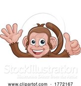 Vector Illustration of Cartoon Monkey Animal Behind Sign Thumbs up Waving by AtStockIllustration