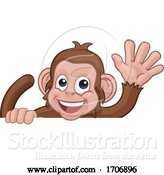 Vector Illustration of Cartoon Monkey Animal Behind Sign Waving by AtStockIllustration