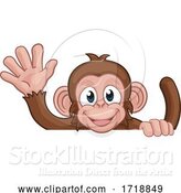 Vector Illustration of Cartoon Monkey Animal Behind Sign Waving by AtStockIllustration