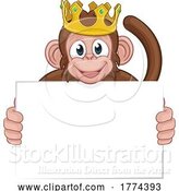 Vector Illustration of Cartoon Monkey King Crown Animal Holding Sign by AtStockIllustration