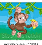 Vector Illustration of Cartoon Monkey Singing on Jungle Vines with Banana Cartoon by AtStockIllustration
