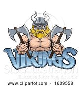 Vector Illustration of Cartoon Muscular Blond Male Viking Warrior Holding Axes over Text by AtStockIllustration