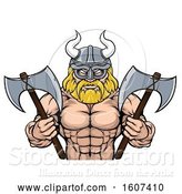 Vector Illustration of Cartoon Muscular Shirtless Blond Male Viking Warrior Holding Axes, from the Waist up by AtStockIllustration