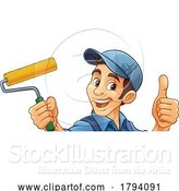 Vector Illustration of Cartoon Painter Decorator Paint Roller Handy Guy by AtStockIllustration