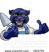 Vector Illustration of Cartoon Panther Bricklayer Builder Holding Trowel Tool by AtStockIllustration