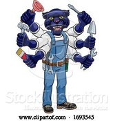 Vector Illustration of Cartoon Panther Multitasking Handyman Holding Tools by AtStockIllustration