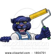 Vector Illustration of Cartoon Panther Painter Decorator Paint Roller Mascot Guy by AtStockIllustration