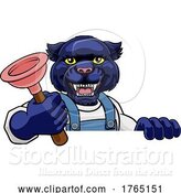 Vector Illustration of Cartoon Panther Plumber Mascot Holding Plunger by AtStockIllustration