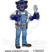 Vector Illustration of Cartoon Panther Plumber or Mechanic Holding Spanner by AtStockIllustration