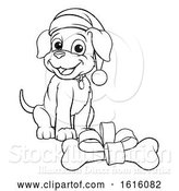 Vector Illustration of Cartoon Pet Dog in Christmas Santa Claus Hat and Gift Bone by AtStockIllustration