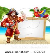 Vector Illustration of Cartoon Pirate Captain and Parrot Beach Background by AtStockIllustration