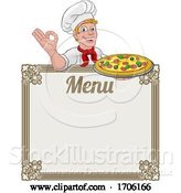 Vector Illustration of Cartoon Pizza Chef Cook Guy Menu Sign Background by AtStockIllustration