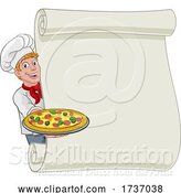 Vector Illustration of Cartoon Pizza Chef Guy Scroll Menu Sign Background by AtStockIllustration