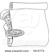 Vector Illustration of Cartoon Pizza Chef Guy Scroll Menu Sign Background by AtStockIllustration