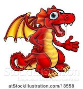Vector Illustration of Cartoon Red Dragon Presenting by AtStockIllustration