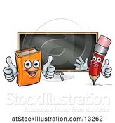 Vector Illustration of Cartoon Red Pencil and Orange Book in Front of a Blackboard by AtStockIllustration