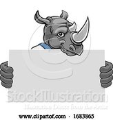 Vector Illustration of Cartoon Rhino Mascot Handyman Holding Sign by AtStockIllustration