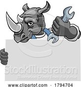 Vector Illustration of Cartoon Rhino Mechanic Plumber Spanner Wrench Handyman by AtStockIllustration