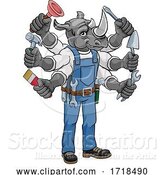 Vector Illustration of Cartoon Rhino Multitasking Handyman Holding Tools by AtStockIllustration