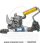 Vector Illustration of Cartoon Rhino Painter Decorator Paint Roller Mascot Guy by AtStockIllustration