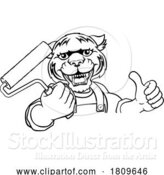 Vector Illustration of Cartoon Rhino Painter Decorator Paint Roller Mascot Guy by AtStockIllustration